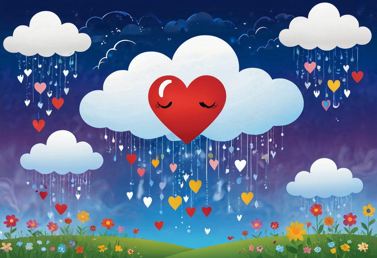 A whimsical illustration depicting a heart-shaped cloud raining down love symbols like hearts and flowers, with a backdrop of changing weather patterns, from sunshine to rain. Include couples with different emotional expressions influenced by the weather, surrounded by vibrant, colorful depictions of nature. whimsical and playful. vibrant colors. soft focus.