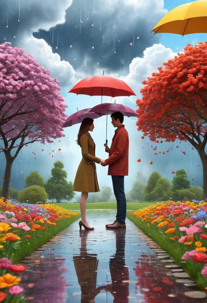A whimsical illustration of two lovers standing in a romantic park under different weather conditions: one side featuring a sunny day with flowers blooming and the other side a rainy scene with umbrellas and raindrops. The sky transitions from clear to stormy, symbolizing the ups and downs in relationships. Heart shapes infused within the clouds and raindrops. vibrant colors. 3D.