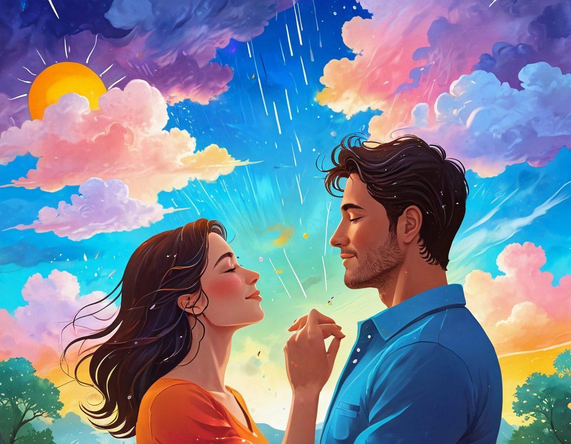 A whimsical illustration showcasing a couple under a colorful weather-themed sky, with sun, clouds, and rain shaping their emotions. The man's heart radiates warmth, while the woman's heart reflects a soft, cool blue. Elements like swirling wind and gentle raindrops interact playfully with their expressions, symbolizing how weather influences affection. Enchanting and dreamy atmosphere. vibrant colors. surreal art style.